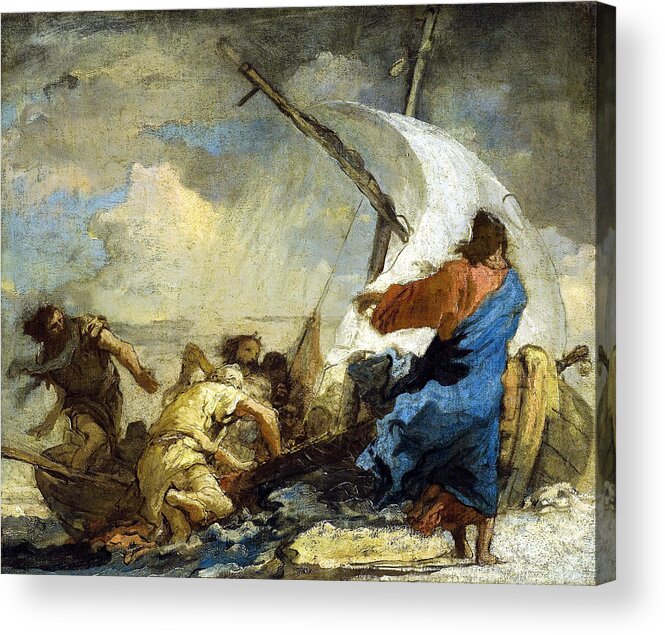 Christ Stills Tempest Acrylic Print featuring the painting Christ Stills theTempest by Giovanni Domenico Tiepolo