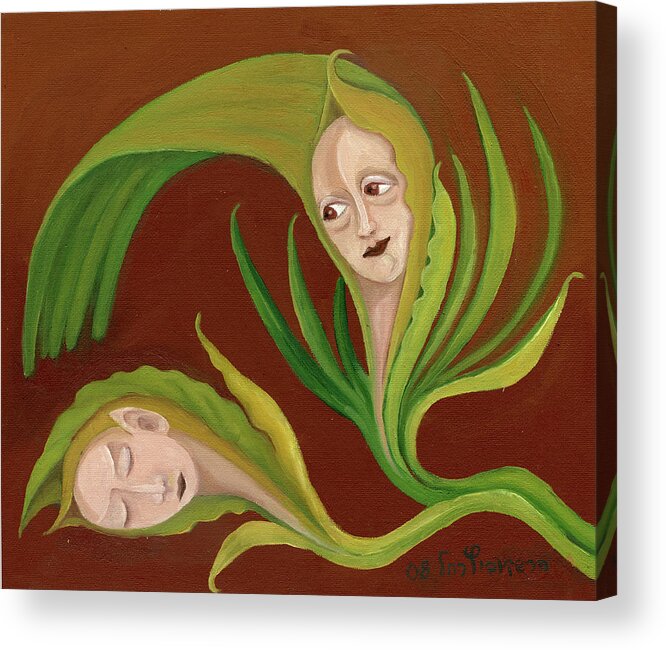 Corn Acrylic Print featuring the painting Corn love fantastic realism faces in green corn leaves sleeping or dead loving or mourning gree by Rachel Hershkovitz