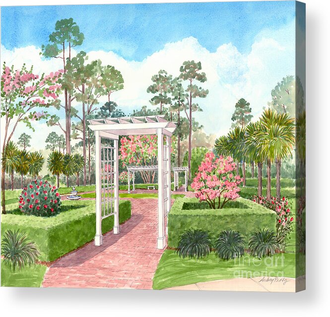 Garden Acrylic Print featuring the painting Garden with Pergola by Audrey Peaty