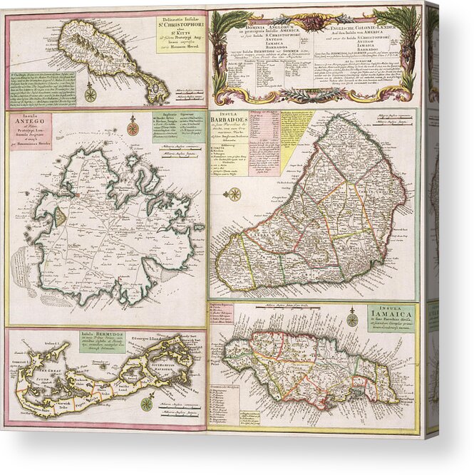 Maps Acrylic Print featuring the drawing Old Map of English Colonies in the Caribbean by German School