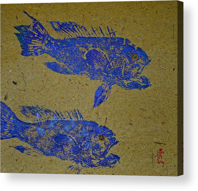 Gyotaku Acrylic Print featuring the mixed media Black Sea Bass - Rockfish by Jeffrey Canha