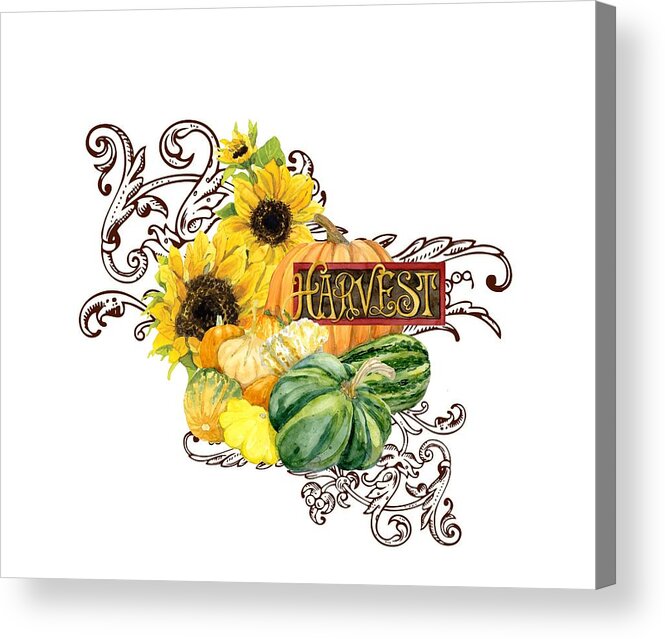 Harvest Acrylic Print featuring the painting Celebrate Abundance - Harvest Fall Pumpkins Squash n Sunflowers #2 by Audrey Jeanne Roberts
