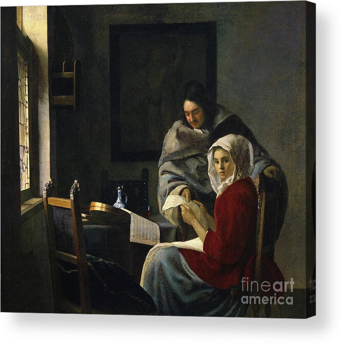 Vermeer Acrylic Print featuring the painting Girl interrupted at her music by Jan Vermeer