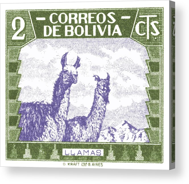 Bolivia Acrylic Print featuring the digital art 1939 Bolivia Llamas Postage Stamp by Retro Graphics
