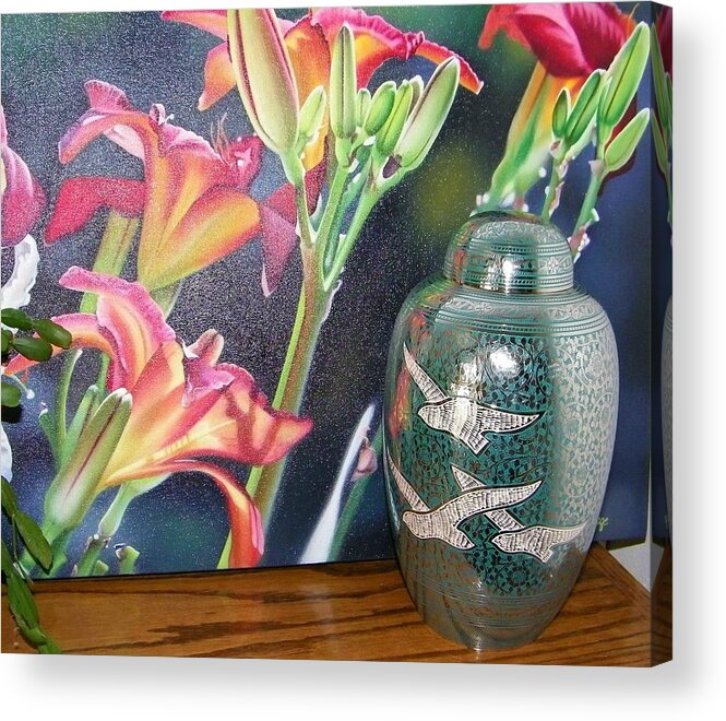 Memorial Acrylic Print featuring the photograph At One with Flowers and Swallows by Lenore Senior