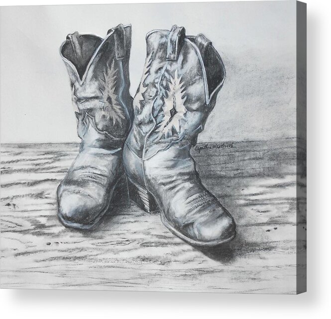 Artwork Acrylic Print featuring the drawing Boots at the End of the Day by Cynthia Westbrook