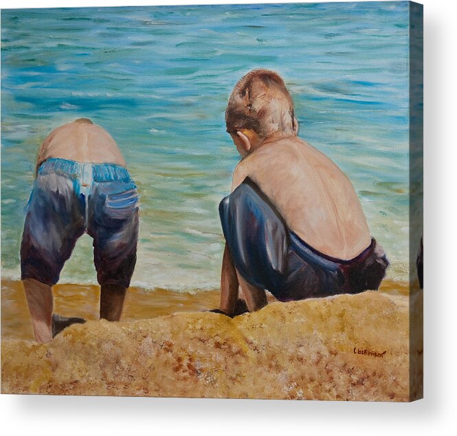 Water Scape With Boys Acrylic Print featuring the painting Boys On A beach at Tahoe by Chuck Gebhardt