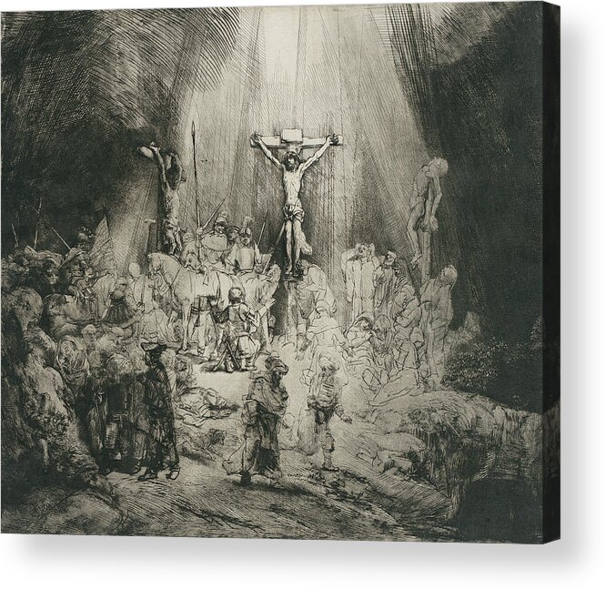 Rembrandt Acrylic Print featuring the relief Christ Crucified Between the Two Thieves by Rembrandt