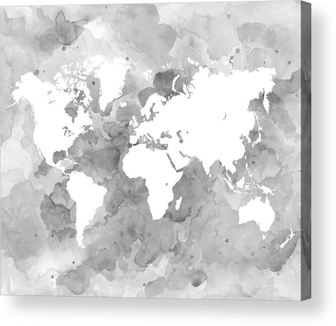 World Acrylic Print featuring the digital art Design 49 World Map Grayscale by Lucie Dumas