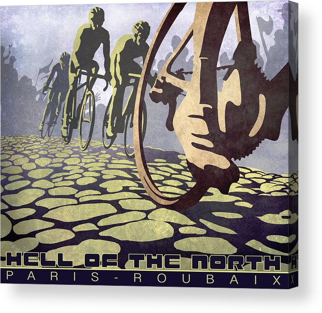 Hell Of The North Retro Cycling Illustration Poster Acrylic Print featuring the painting HELL OF THE NORTH retro cycling illustration poster by Sassan Filsoof