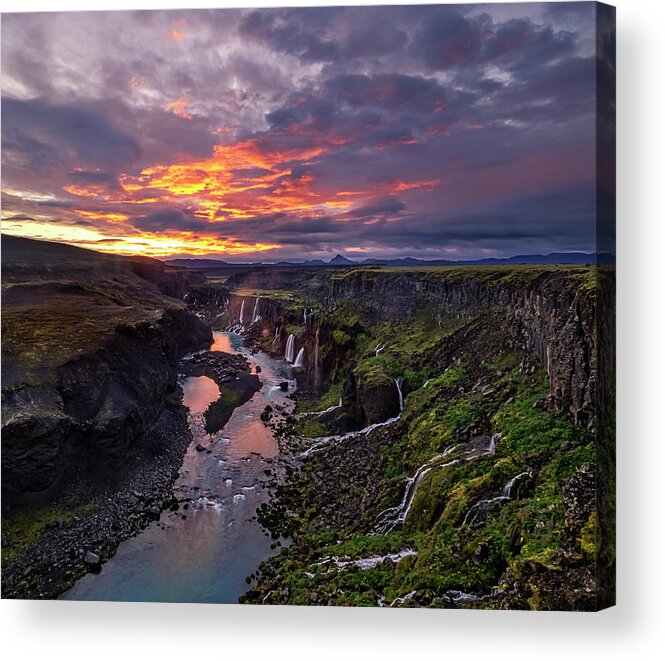 Iceland Acrylic Print featuring the photograph Sunrise explodes at Hrauneyjafoss by Usha Peddamatham
