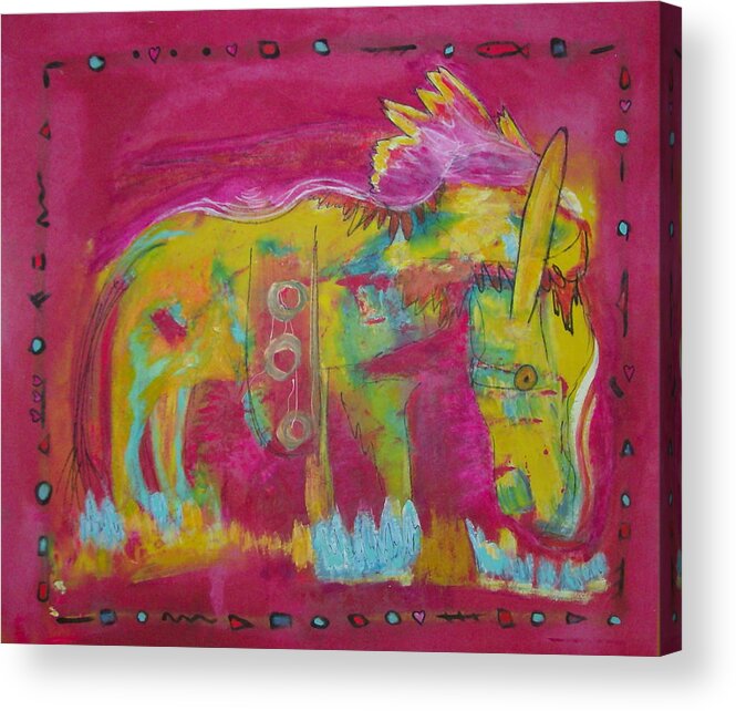 Red Acrylic Print featuring the painting I love my little poney by Francine Ethier