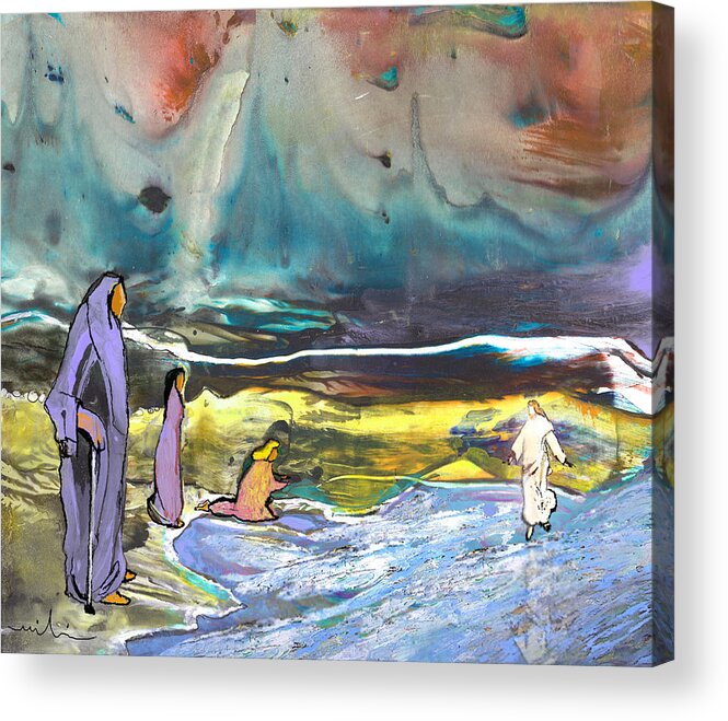 Religion Acrylic Print featuring the painting Jesus Walking On The Water by Miki De Goodaboom