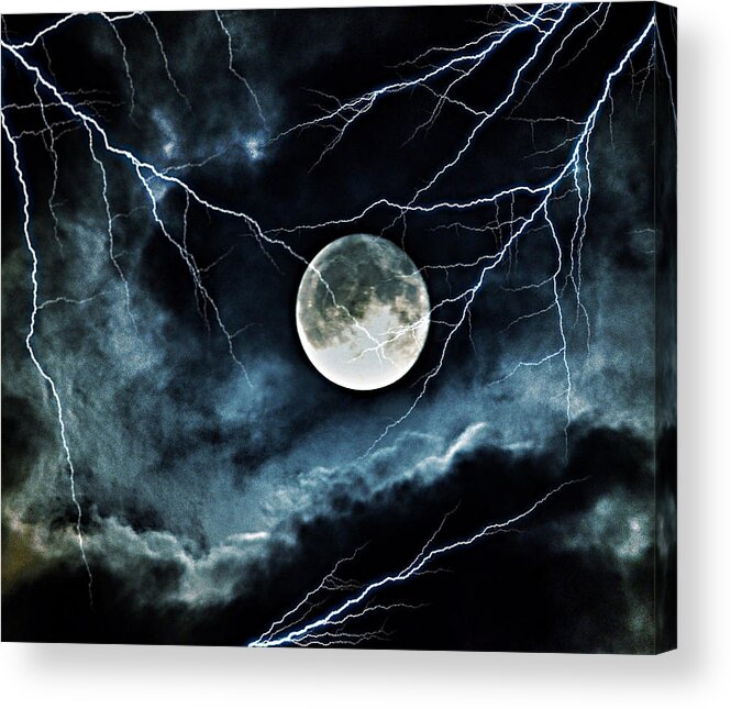 Lightning Sky At Full Moon Acrylic Print featuring the photograph Lightning Sky at Full Moon by Marianna Mills