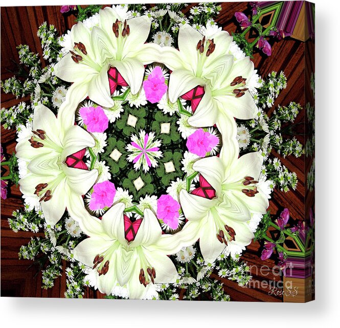 Lily Carnation And Daisy Kaleidoscope Mandala Acrylic Print featuring the photograph Lily Carnation And Daisy Kaleidoscope Mandala by Rose Santuci-Sofranko