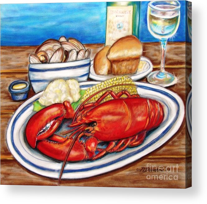 Kitchen Acrylic Print featuring the pastel Lobster Dinner by Pat Davidson