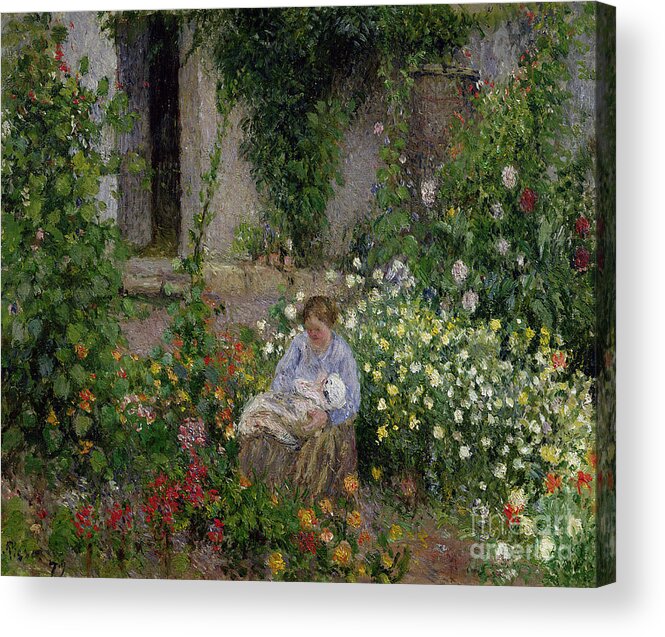 Mother Acrylic Print featuring the painting Mother and Child in the Flowers by Camille Pissarro