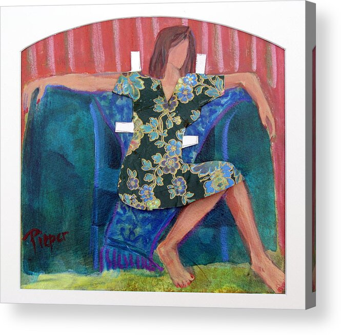 Paper Doll Dress Covering Nude In Big Green Chair Acrylic Print featuring the painting Nude in Paper Doll Dress by Betty Pieper