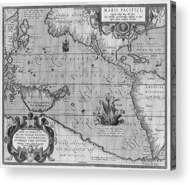 Old World Map Acrylic Print featuring the drawing Old World Map print from 1589 - Black and White by Marianna Mills