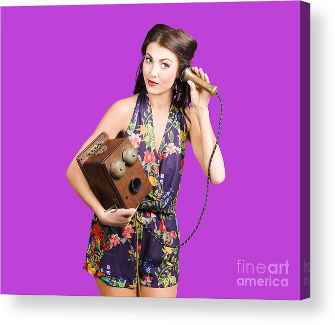 Reception Acrylic Print featuring the photograph Retro receptionist on vintage telephone. Call us by Jorgo Photography