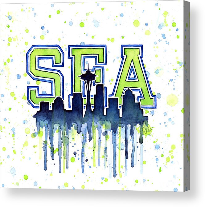 Watercolor Acrylic Print featuring the painting Seattle Watercolor 12th Man Art Painting Space Needle Go Seahawks by Olga Shvartsur