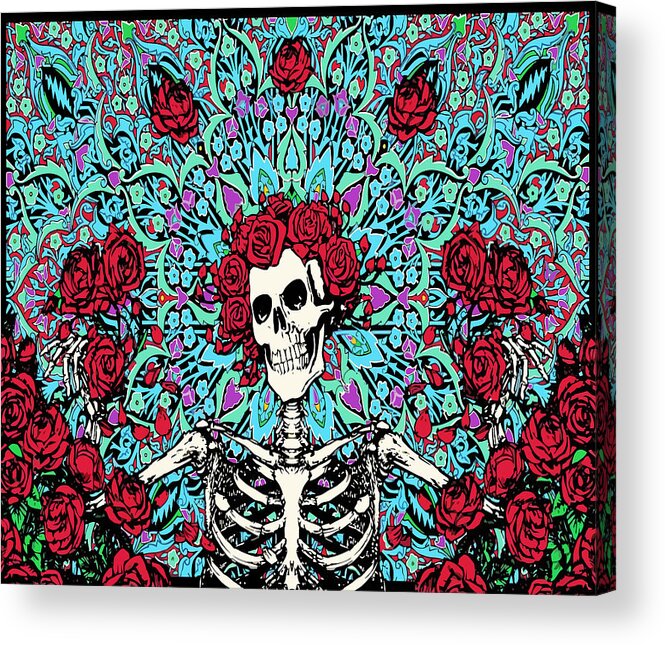 Grateful Dead Acrylic Print featuring the digital art skeleton With Roses by Gd