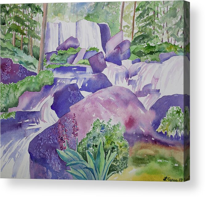 Waterfall Acrylic Print featuring the painting Watercolor - Waterfall in the San Juans by Cascade Colors