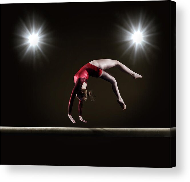 Expertise Acrylic Print featuring the photograph Female Gymnast On Balance Beam #1 by Mike Harrington