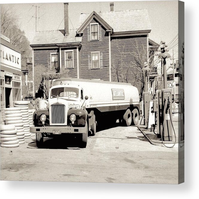 Transportation Acrylic Print featuring the painting 1950s photo Atlantic GAS Station FUEL Truck car Pump Scene Fitchburg MA by Celestial Images