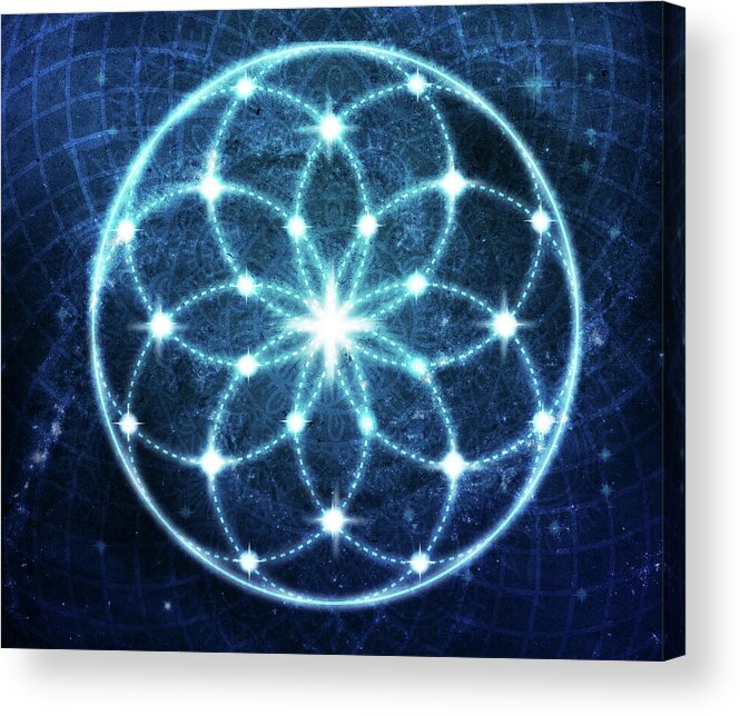 Seed Of Life Acrylic Print featuring the digital art Blue Cosmic Geometric Flower Mandala by Laura Ostrowski