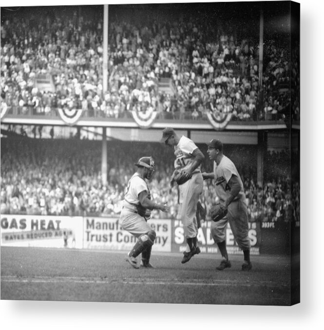 American League Baseball Acrylic Print featuring the photograph Clem Labine Center Is The Happiest Man by New York Daily News Archive