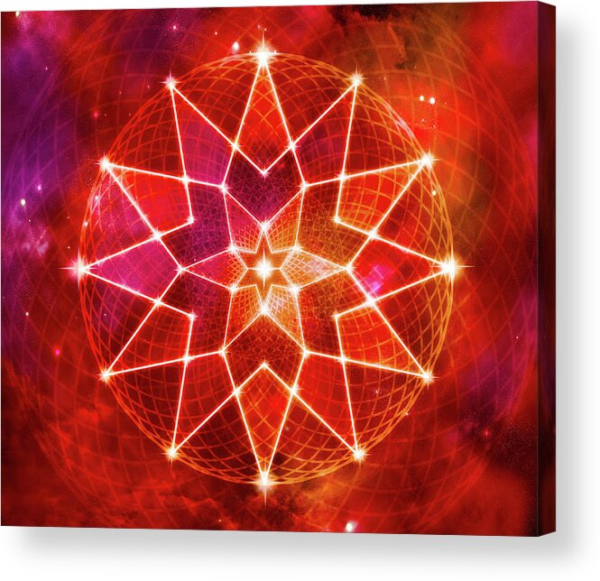Seed Of Life Acrylic Print featuring the digital art Cosmic Geometric Seed of Life Crystal Red Lotus Star Mandala by Laura Ostrowski