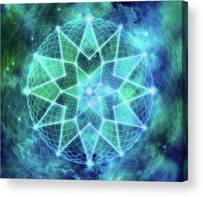 Seed Of Life Acrylic Print featuring the digital art Cosmic Geometric Seed of Life Crystal Turquoise Lotus Star Mandala by Laura Ostrowski