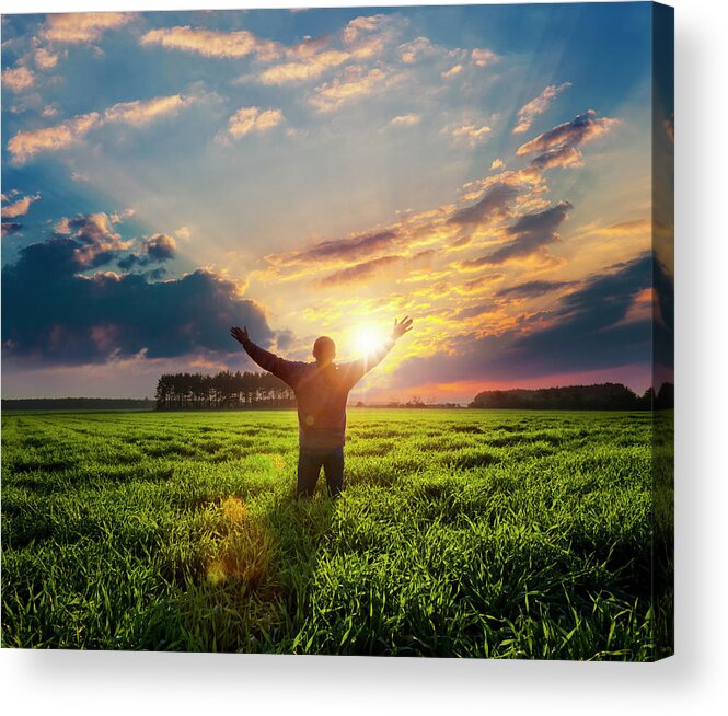 Human Arm Acrylic Print featuring the photograph Free Man With Raised Hands by Avalon studio