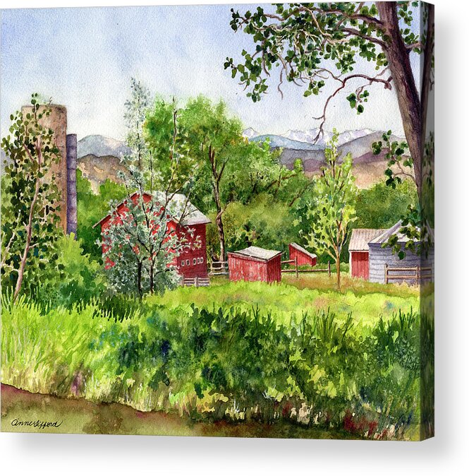 Colorado Rocky Mountains Painting Acrylic Print featuring the painting Hidden Farm by Anne Gifford