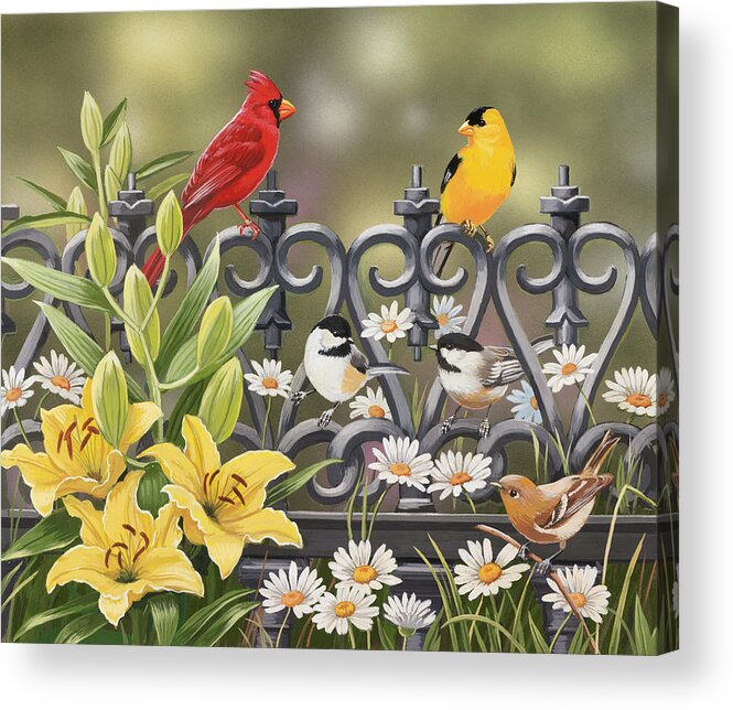 Gold Finch Acrylic Print featuring the painting Iron Fence With Lilies by William Vanderdasson