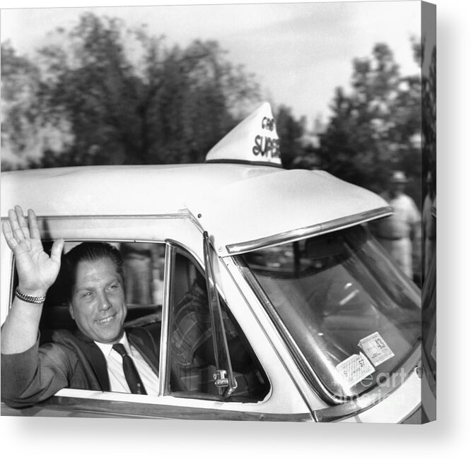 People Acrylic Print featuring the photograph James R. Hoffa Waving From Taxi by Bettmann