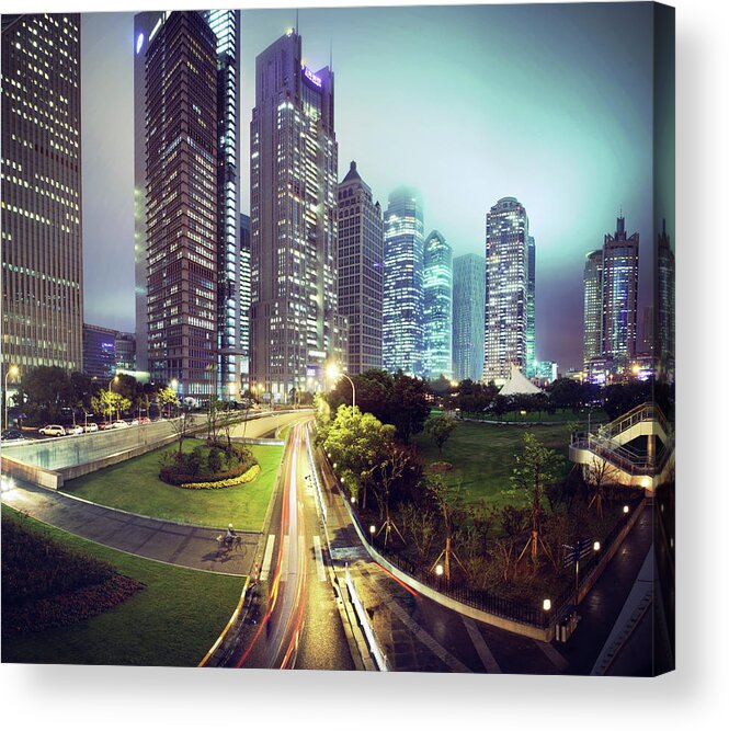 Outdoors Acrylic Print featuring the photograph Night Fog Over Shanghai Cityscape by Blackstation