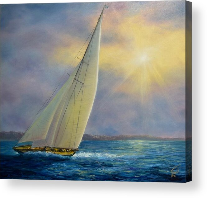 Sailboat Acrylic Print featuring the painting Sailing at Sunset by Lynne Pittard