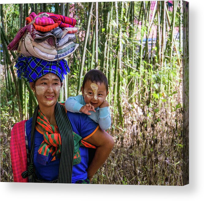 Woman Acrylic Print featuring the photograph smiling Burmese mother with her laughing baby by Ann Moore