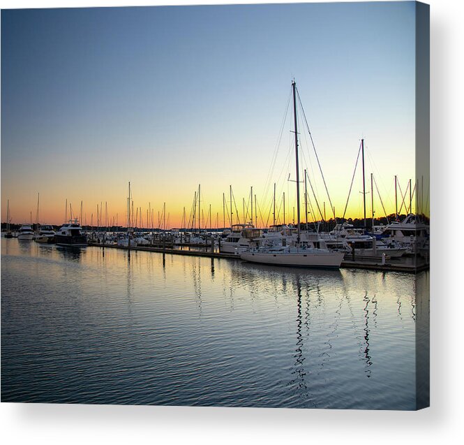 Sunset Acrylic Print featuring the photograph Sunset and Sailboats at Skull Creek Marina by Dennis Schmidt