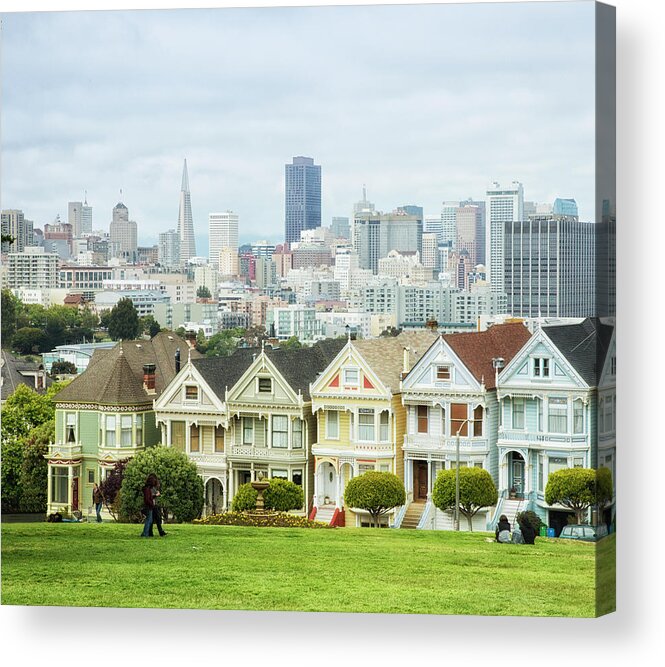 San Francisco Acrylic Print featuring the photograph Victorian Houses And San Francisco by Elisabeth Pollaert Smith