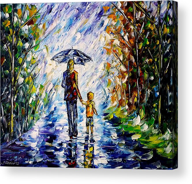 Mother And Child Acrylic Print featuring the painting Woman With Child In The Rain by Mirek Kuzniar