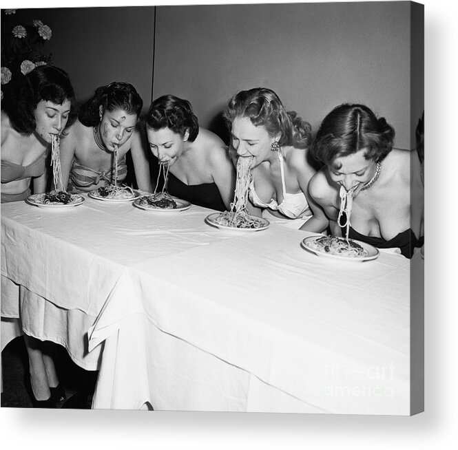 Child Acrylic Print featuring the photograph Women In A Spaghetti Eating Contest by Bettmann