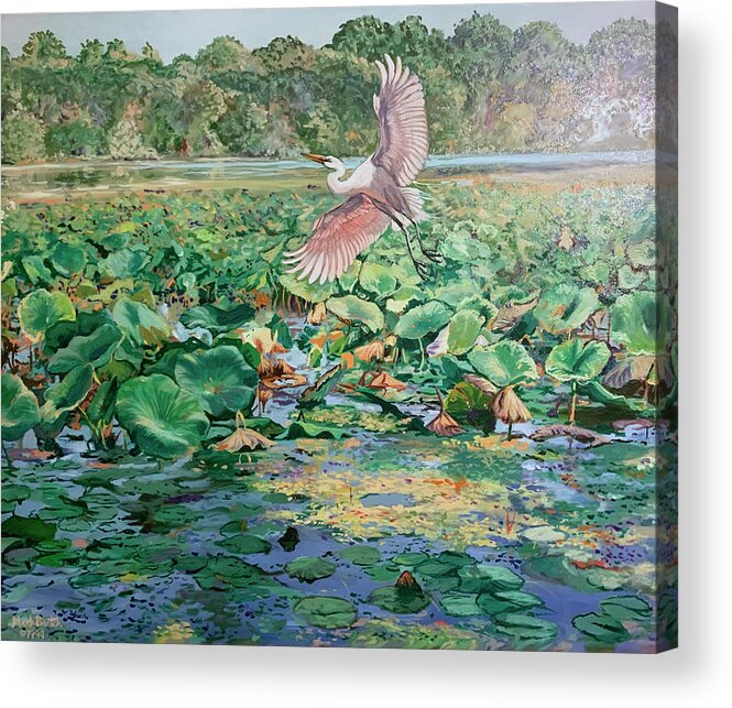 Egret Acrylic Print featuring the painting Back Water Pond by Marc DeBauch