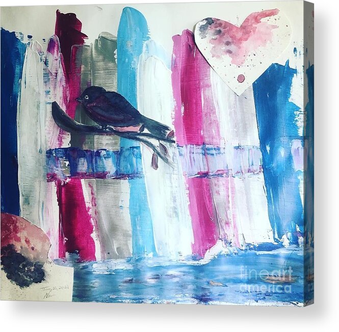 Mixed Media Bird Heart Fence Acrylic Print featuring the painting Hatching by Nina Jatania