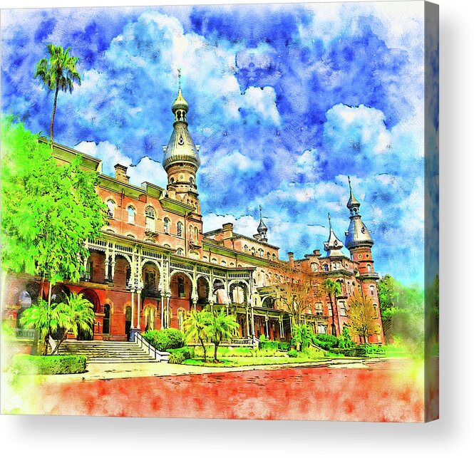 Henry B. Plant Museum Acrylic Print featuring the digital art Henry B. Plant Museum in Tampa, Florida - pen and watercolor by Nicko Prints