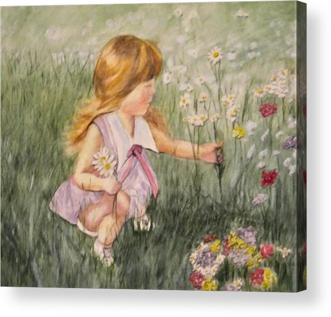 Little Girl Painting Acrylic Print featuring the mixed media Little Girl Picking Flowers by Kelly Mills