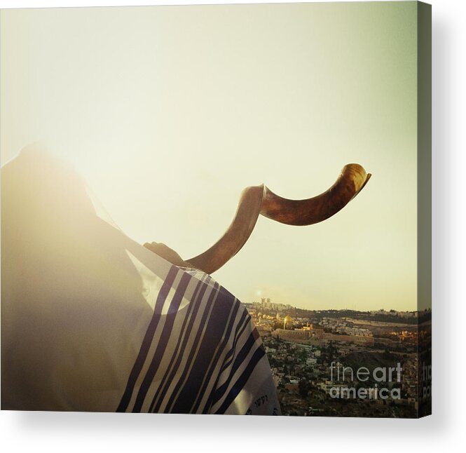 Shofar Acrylic Print featuring the photograph Man blowing Shofar in Jerusalem by Stella Levi