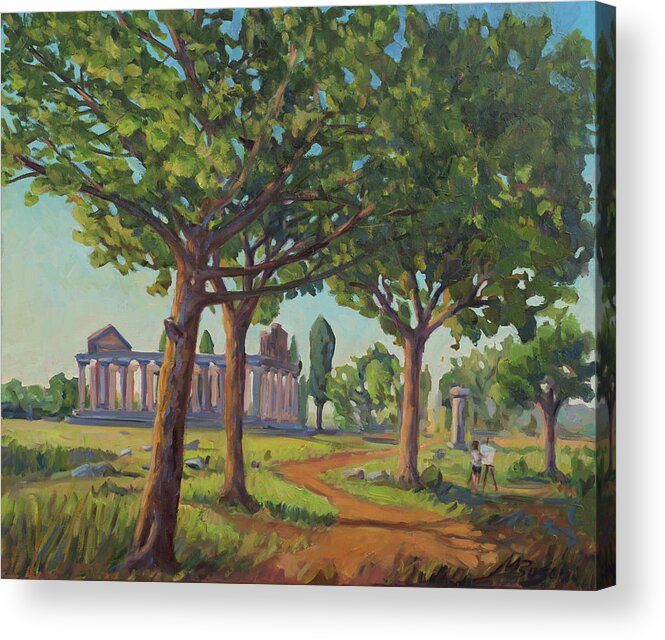 Paestum Acrylic Print featuring the painting Panting the old temples by Marco Busoni